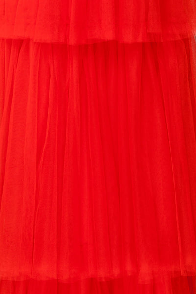 Estivam Red Layered Tulle Maxi Prom Dress fabric | Boutique 1861