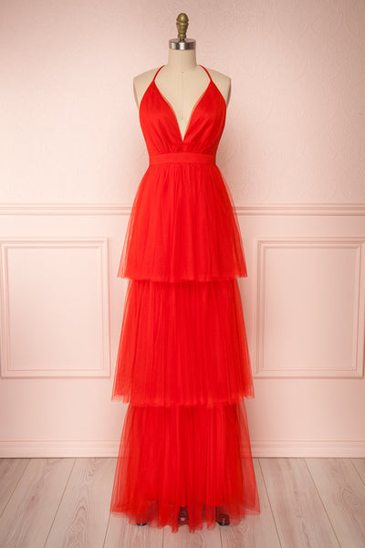 Estivam Red Layered Tulle Maxi Prom Dress | Boutique 1861