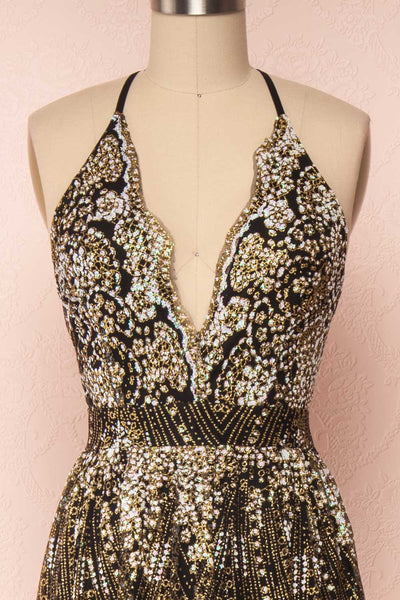 Eunmi Black & Gold Glitter Mesh Maxi Dress | FRONT CLOSE UP | Boutique 1861