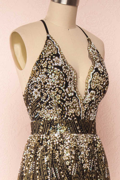 Eunmi Black & Gold Glitter Mesh Maxi Dress | SIDE CLOSE UP | Boutique 1861