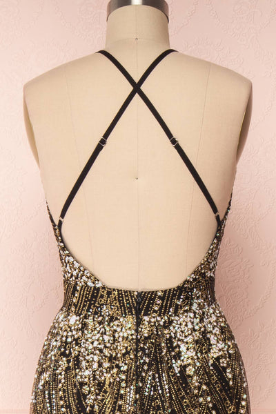 Eunmi Black & Gold Glitter Mesh Maxi Dress | BACK CLOSE UP | Boutique 1861