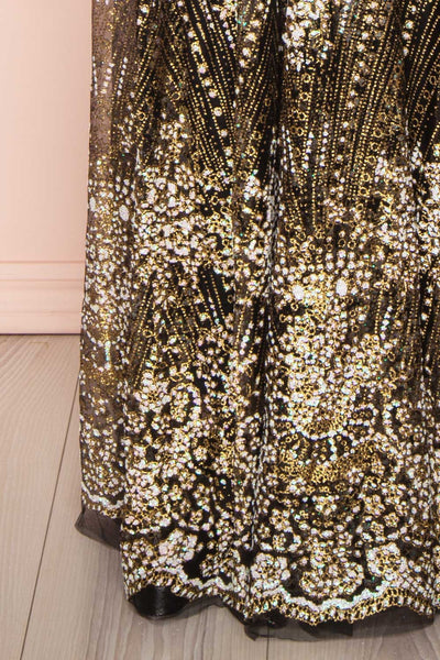 Eunmi Black & Gold Glitter Mesh Maxi Dress | BOTTOM CLOSE UP | Boutique 1861