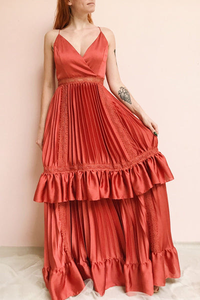 Euridice Burnt Orange Pleated Maxi Dress | Boutique 1861 on model