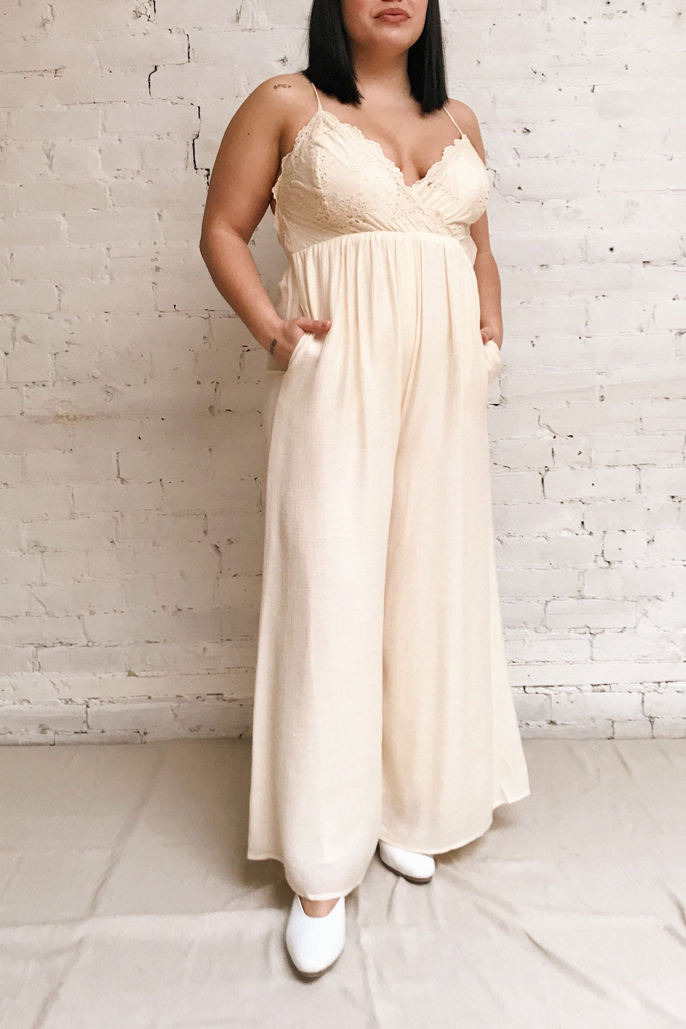 Evette Beige Wide Leg Jumpsuit w/ Pockets | Boutique 1861 model look