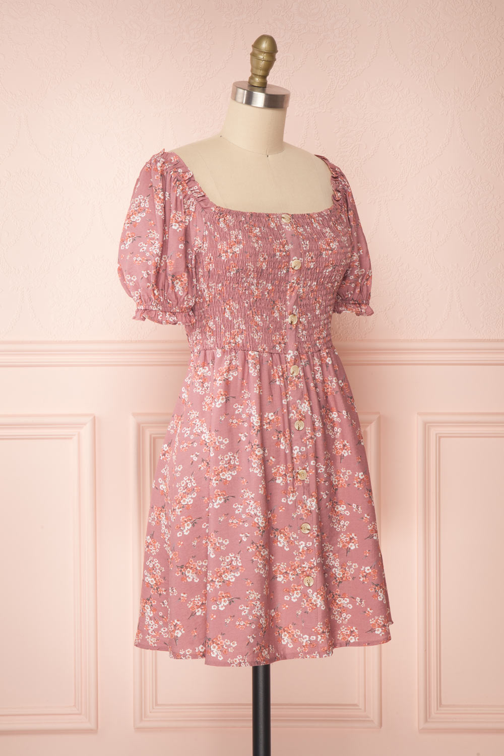 Eydis Mauve Lilac Pink Floral Short Dress | Boutique 1861 side view