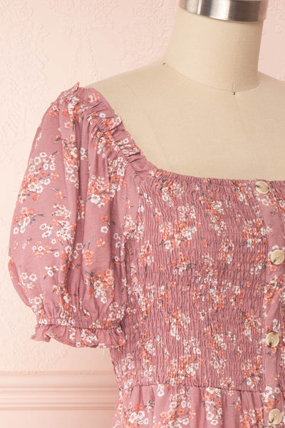 Eydis Mauve Lilac Pink Floral Short Dress | Boutique 1861 side close up