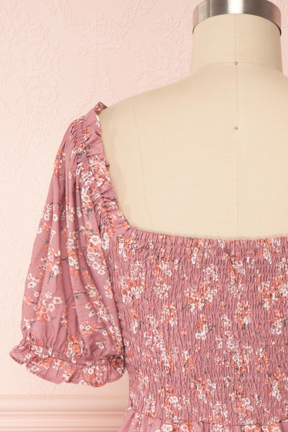 Eydis Mauve Lilac Pink Floral Short Dress | Boutique 1861 back close up