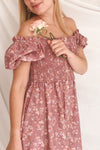 Eydis Mauve Pink Floral Buttoned Short Dress | Boutique 1861 model close up