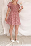 Eydis Mauve Pink Floral Buttoned Short Dress | Boutique 1861 on model