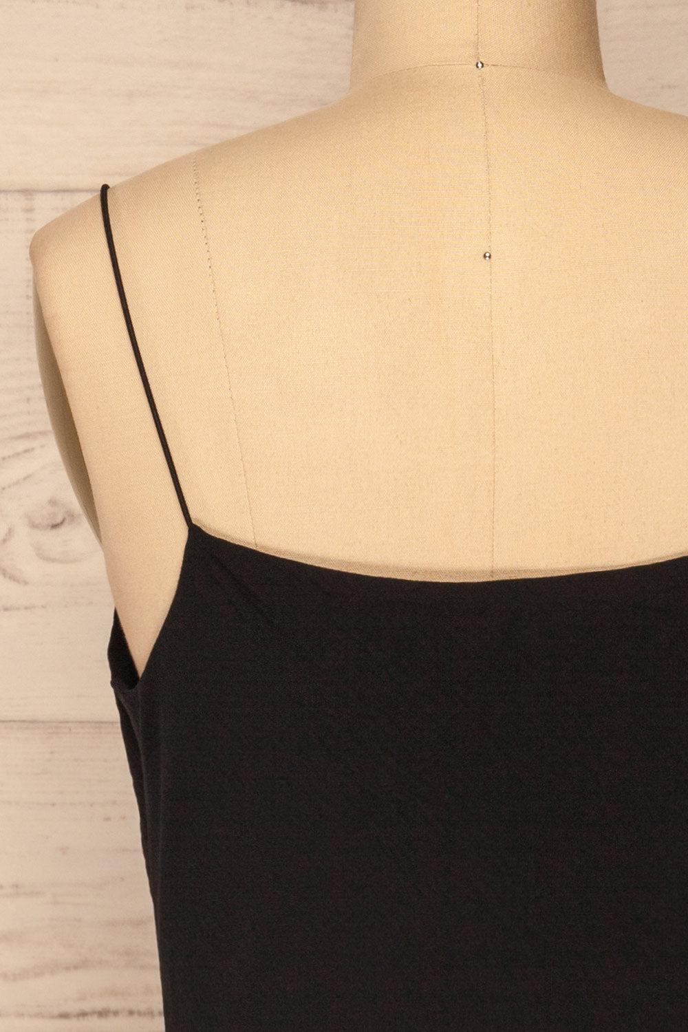 Faanes Black Short Slip Dress | La petite garçonne back close-up