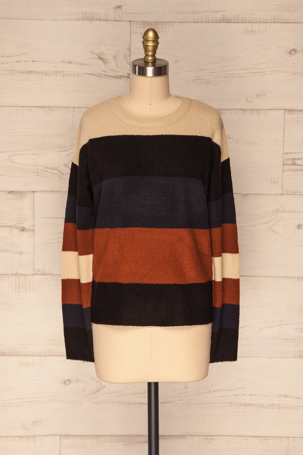Faarland Black and Brown Striped Knit Sweater | La Petite Garçonne front view 