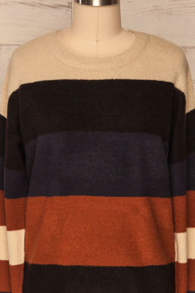 Faarland Black and Brown Striped Knit Sweater | La Petite Garçonne front close-up