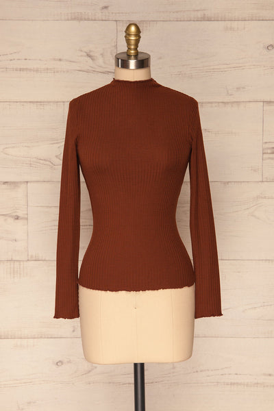 Faaset Clay Brown Ribbed Top with Stand Collar r | front view | La Petite Garçonne