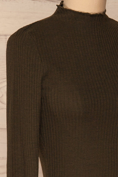 Faaset Moss Khaki Ribbed Top with Stand Collar | side close up | La Petite Garçonne