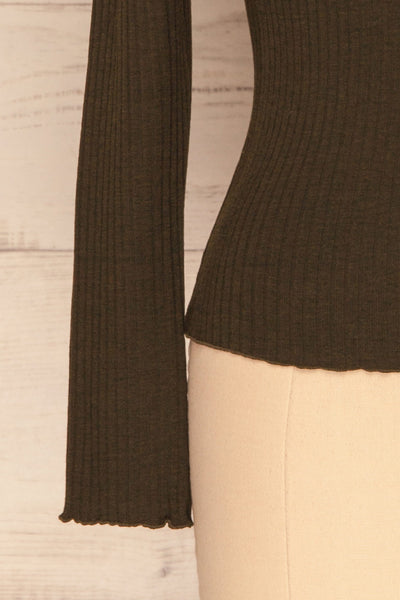 Faaset Moss Khaki Ribbed Top with Stand Collar  |  bottom close up | La Petite Garçonne