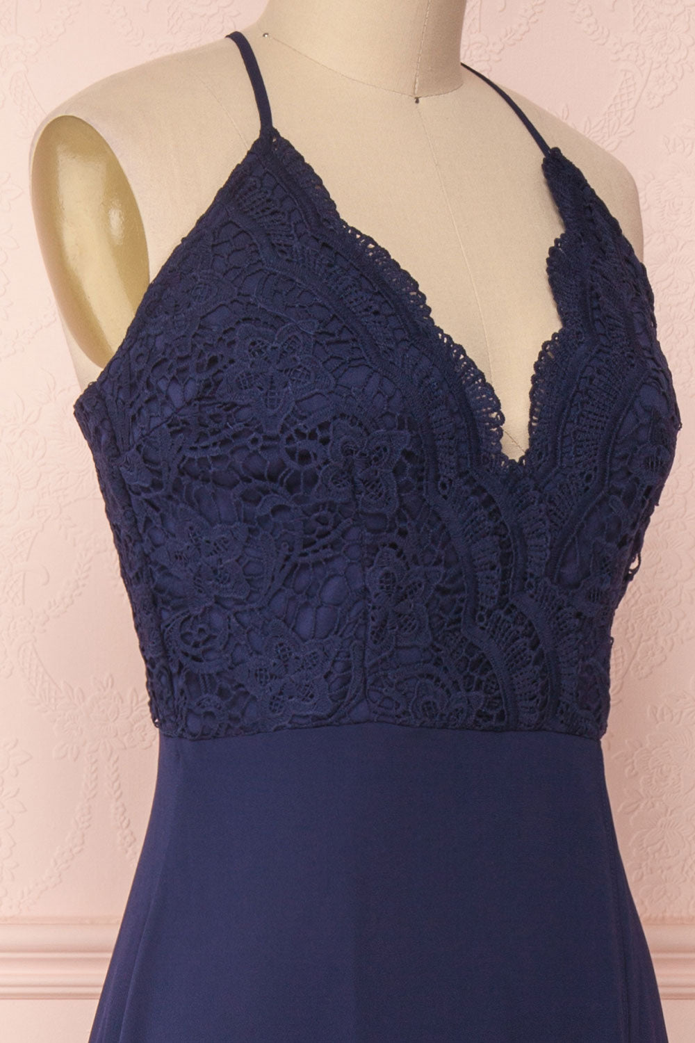 Fabia Navy Blue Lace & Chiffon Bridesmaid Dress | Boudoir 1861 closeup side view