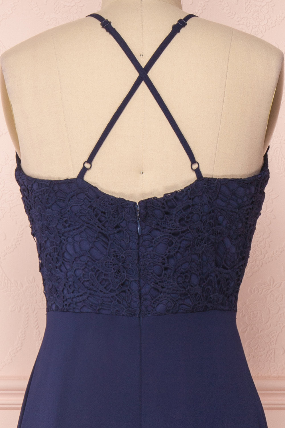 Fabia Navy Blue Lace & Chiffon Bridesmaid Dress | Boudoir 1861 back view close-up