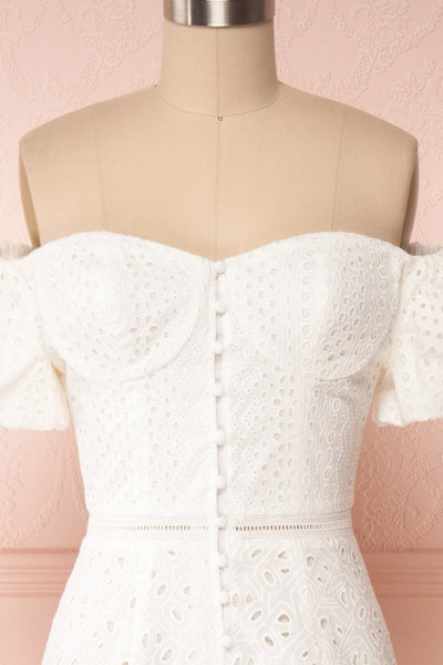 Fabienne Off-Shoulder Lace White Bridal Dress front close up | Boudoir 1861