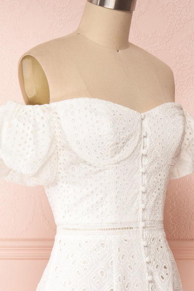 Fabienne Off-Shoulder Lace White Bridal Dress side close up | Boudoir 1861