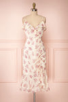 Fabiola Cream & Lilac Midi Dress w/ Frills | Boutique 1861 front view