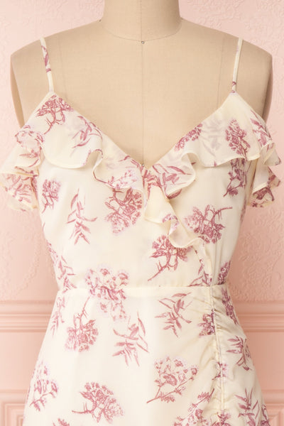 Fabiola Cream & Lilac Midi Dress w/ Frills | Boutique 1861 front close-up