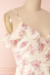 Fabiola Cream & Lilac Midi Dress w/ Frills | Boutique 1861 side close-up
