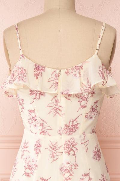 Fabiola Cream & Lilac Midi Dress w/ Frills | Boutique 1861 back close-up
