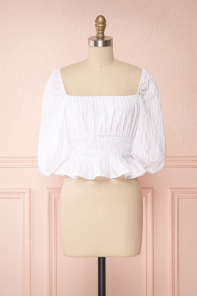 Faerylis White Puffy Sleeve Ruched Crop Top | Boutique 1861 front view