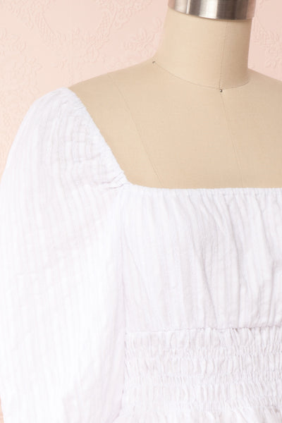 Faerylis White Puffy Sleeve Ruched Crop Top | Boutique 1861 side close up