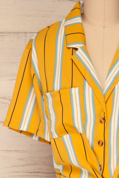 Falkanger Yellow Striped Tied Cropped Blouse | La Petite Garçonne front close-up