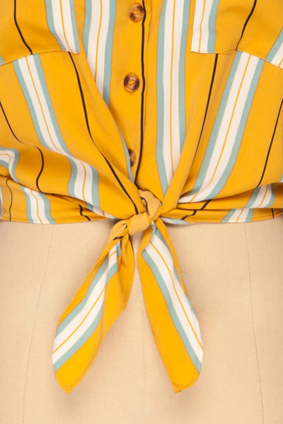 Falkanger Yellow Striped Tied Cropped Blouse | La Petite Garçonne bottom close-up