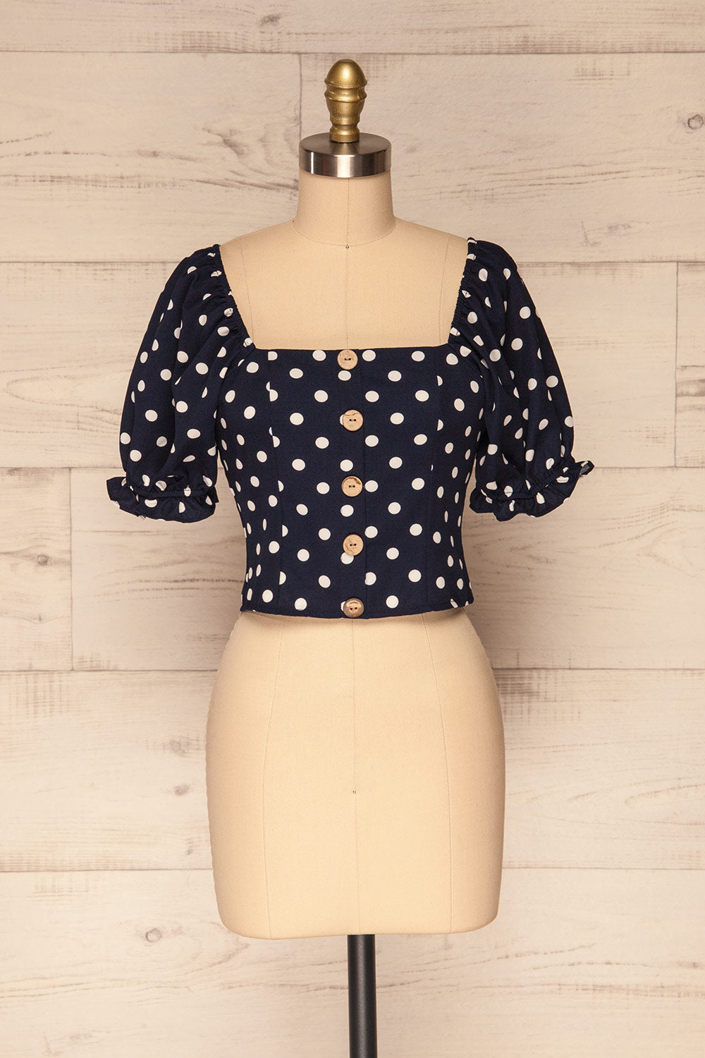 Fallasen Navy Blue & White Polkadot Crop Top | La Petite Garçonne front view 