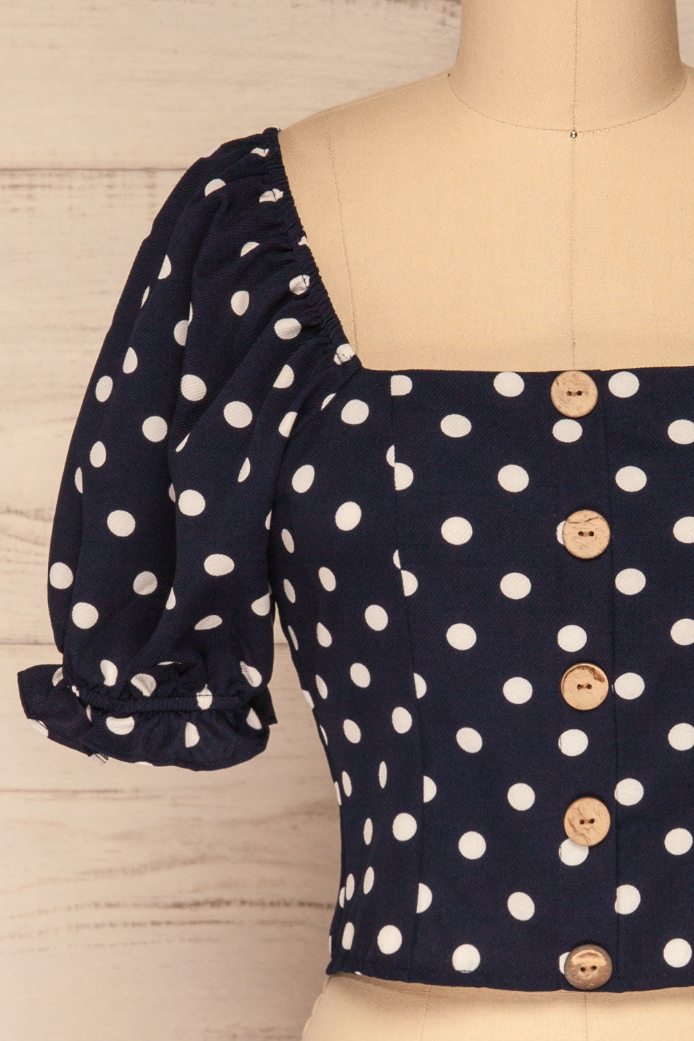 Fallasen Navy Blue & White Polkadot Crop Top | La Petite Garçonne front close up 