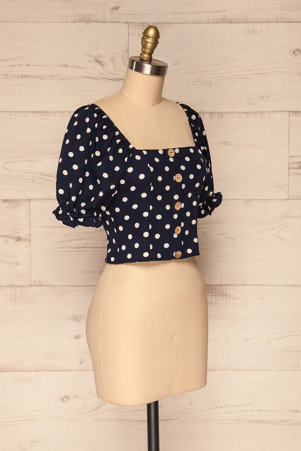 Fallasen Navy Blue & White Polkadot Crop Top | La Petite Garçonne side view 