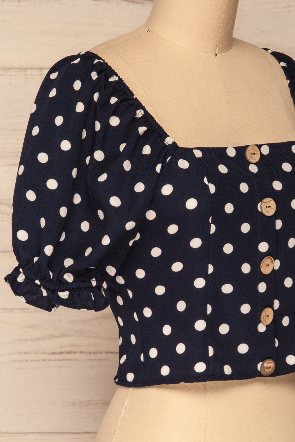 Fallasen Navy Blue & White Polkadot Crop Top | La Petite Garçonne side close up 