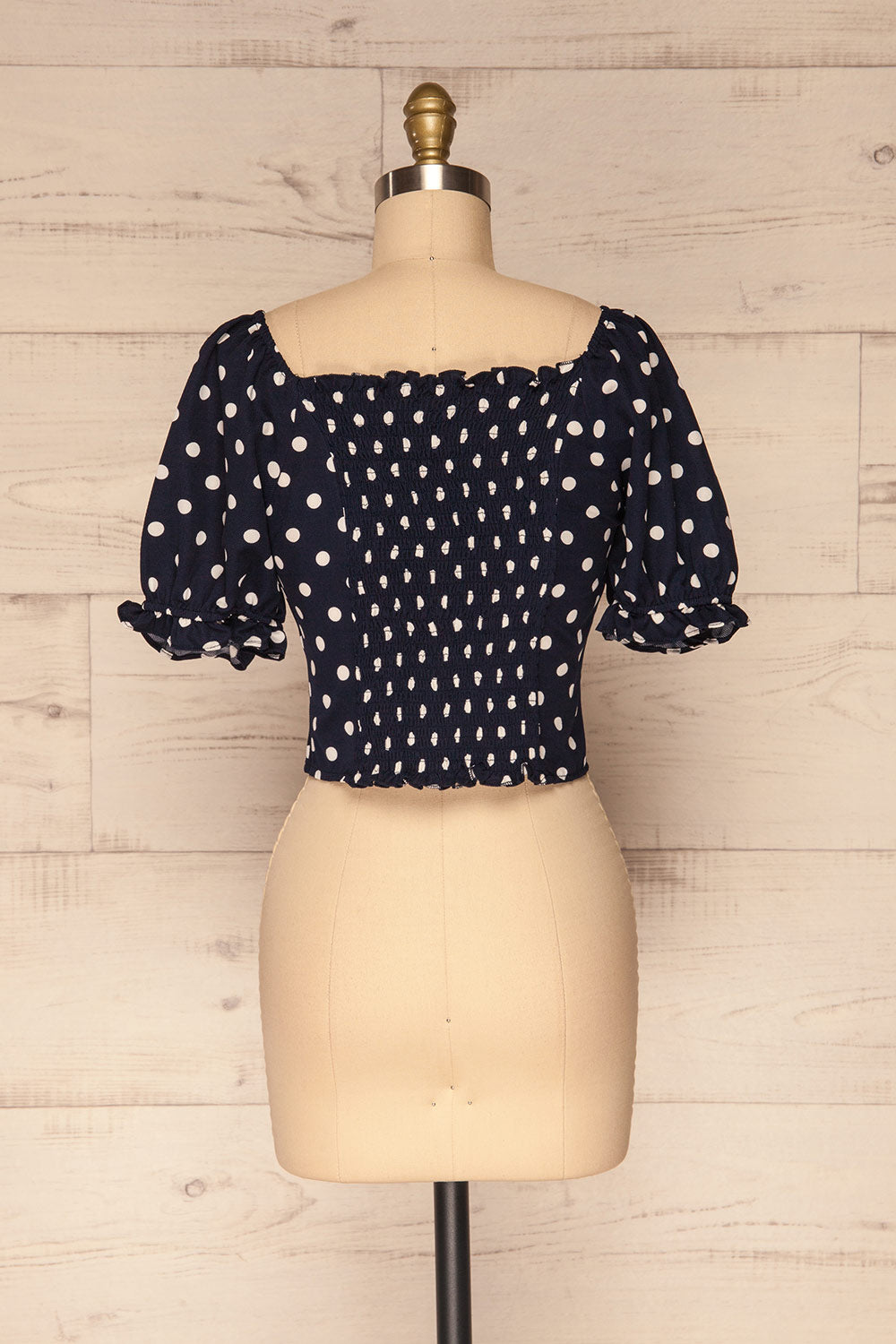 Fallasen Navy Blue & White Polkadot Crop Top | La Petite Garçonne back view 