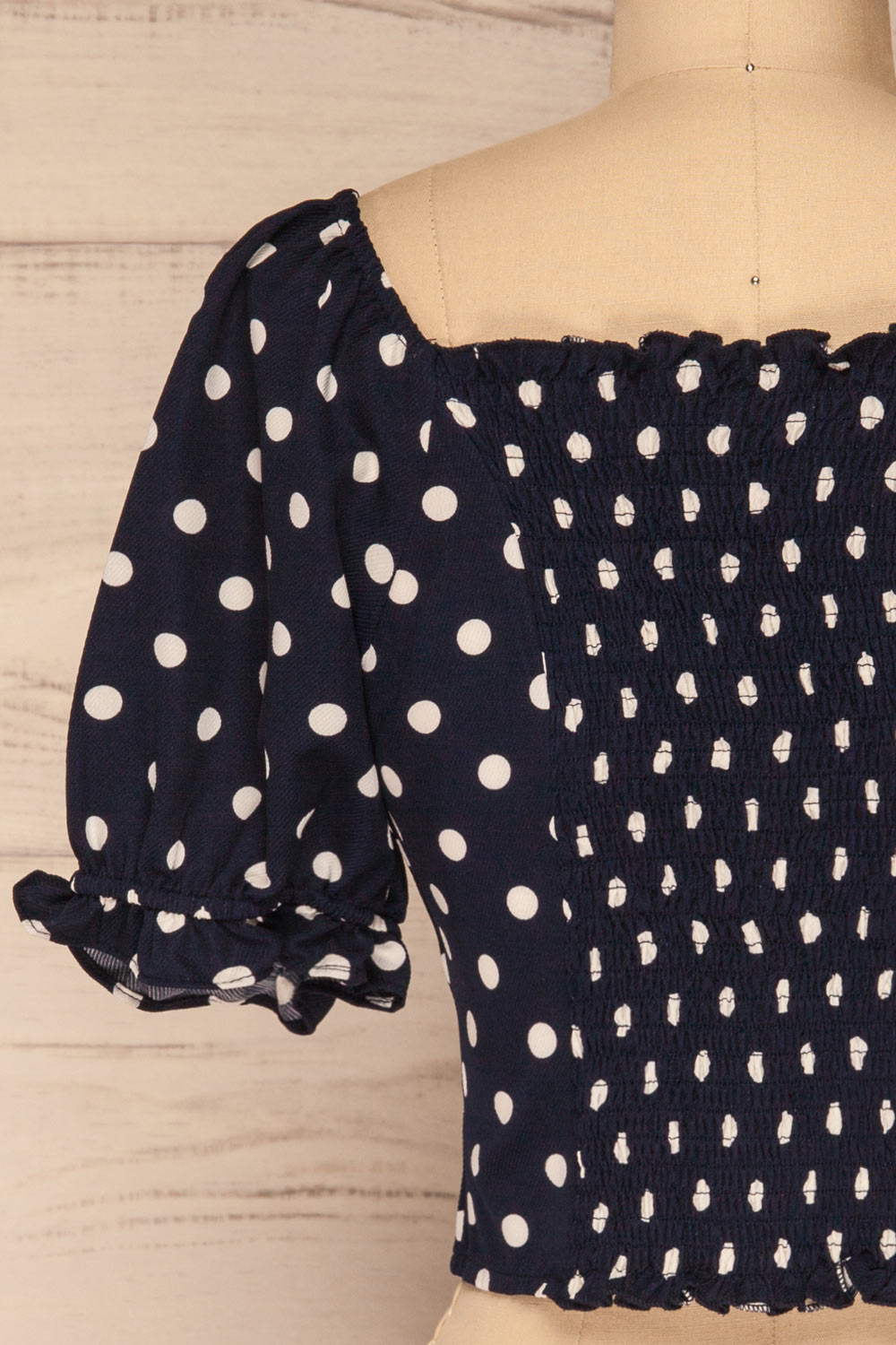 Fallasen Navy Blue & White Polkadot Crop Top | La Petite Garçonne back close up 