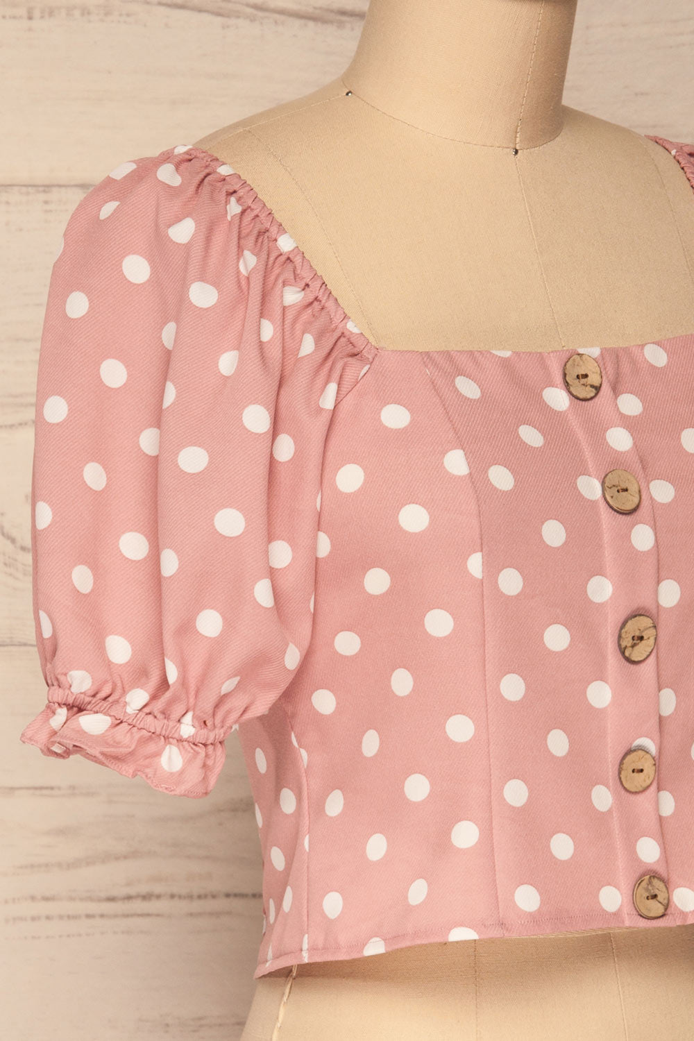 Fallasen Pink & White Polkadot Crop Top | La Petite Garçonne side close up