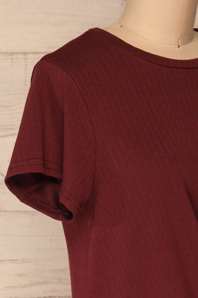 Fallebo Cranberry Burgundy Short Sleeved T-Shirt | La Petite Garçonne side close-up