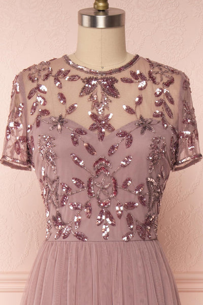 Fantine Lilac Sequin Flare Gown | Robe longue front close up | Boutique 1861
