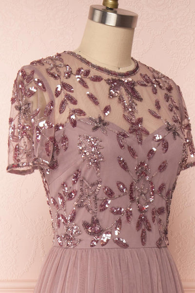 Fantine Lilac Sequin Flare Gown | Robe longue side close up | Boutique 1861