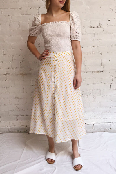 Bratsk White Buttoned Skirt w/ Polka Dots | La petite garçonne on model