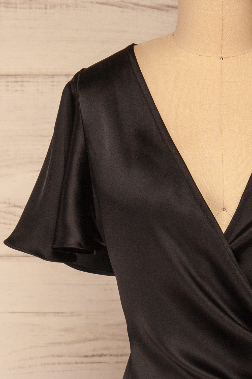 Fasano Black Short Silky Wrap Dress | La petite garçonne front close-up