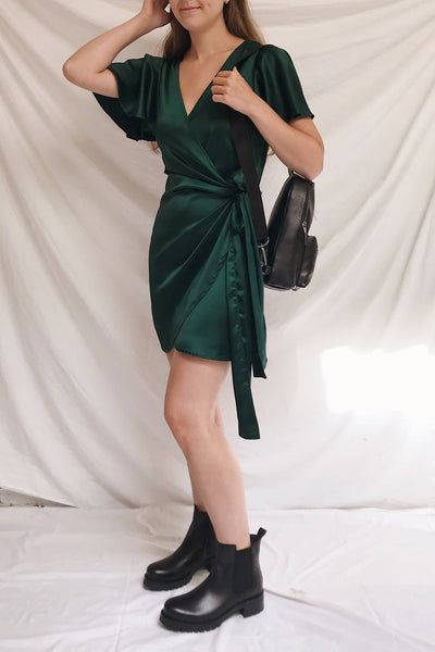 Fasano Green Short Silky Wrap Dress | La petite garçonne model look