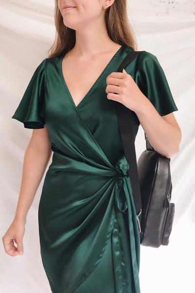 Fasano Green Short Silky Wrap Dress | La petite garçonne on model