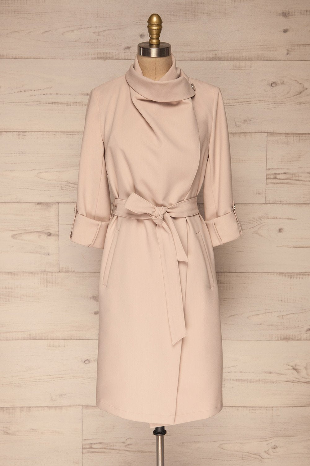 Faylinn Beige Cascade Draped Collar Coat front view neck | La petite garçonne