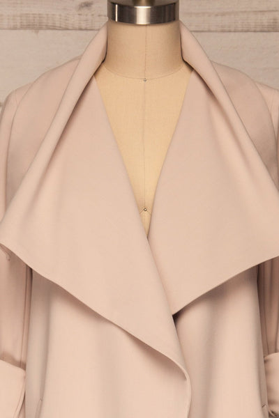 Faylinn Beige Cascade Draped Collar Coat front close up open | La petite garçonne
