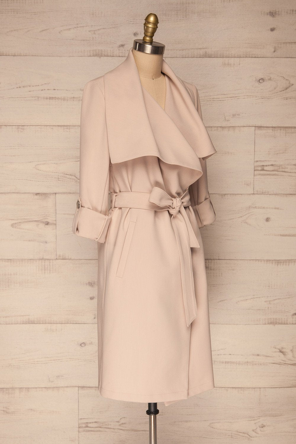 Faylinn Beige Cascade Draped Collar Coat side view | La petite garçonne