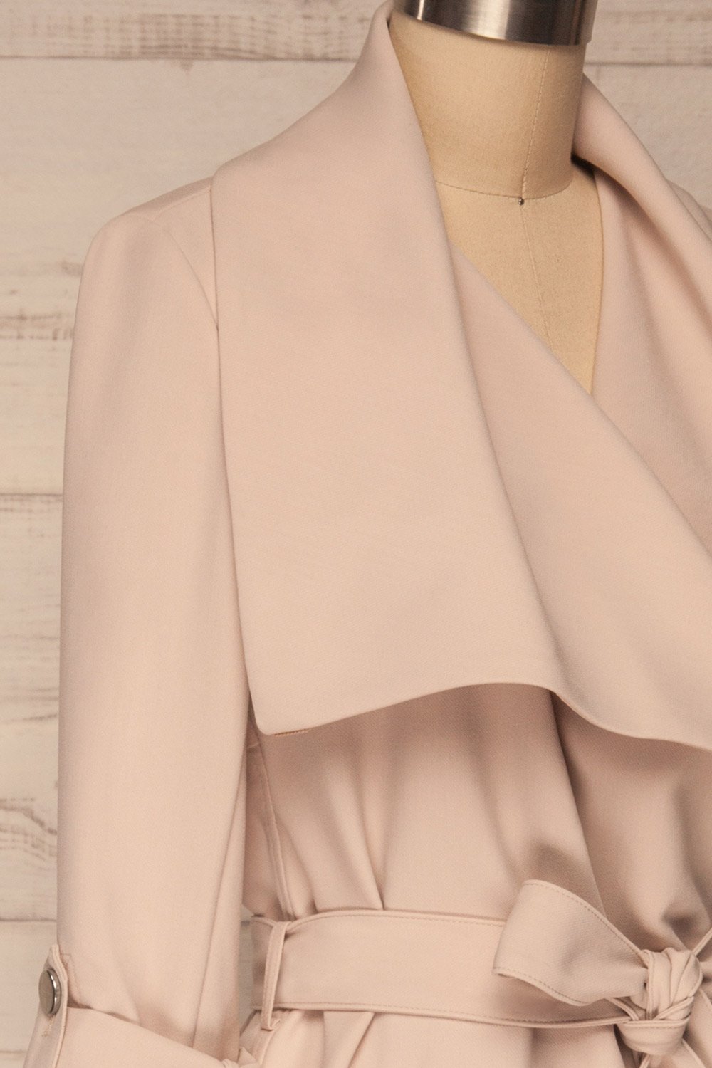 Faylinn Beige Cascade Draped Collar Coat side close up | La petite garçonne