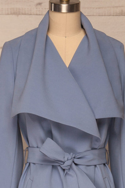 Faylinn Blue Cascade Draped Collar Coat front close up | La petite garçonne